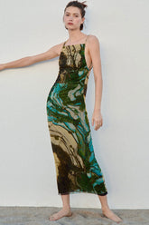 Robe mi-longue vintage à col carré et dos nu en maille froncée sans manches - Multicolore